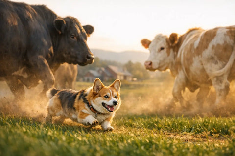 Corgi herding cattle in an open field demonstrating classic working dog instincts