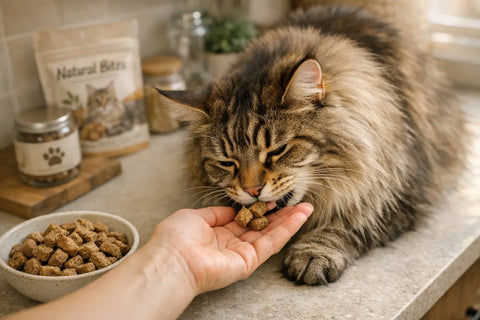Maine Coon cat enjoying treats safely and chewing slowly