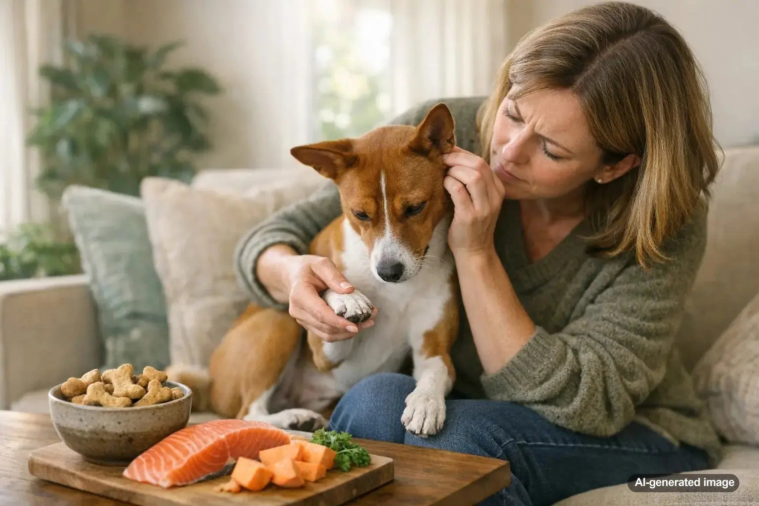 Dog owner checking for signs of food allergy like itching and tummy trouble