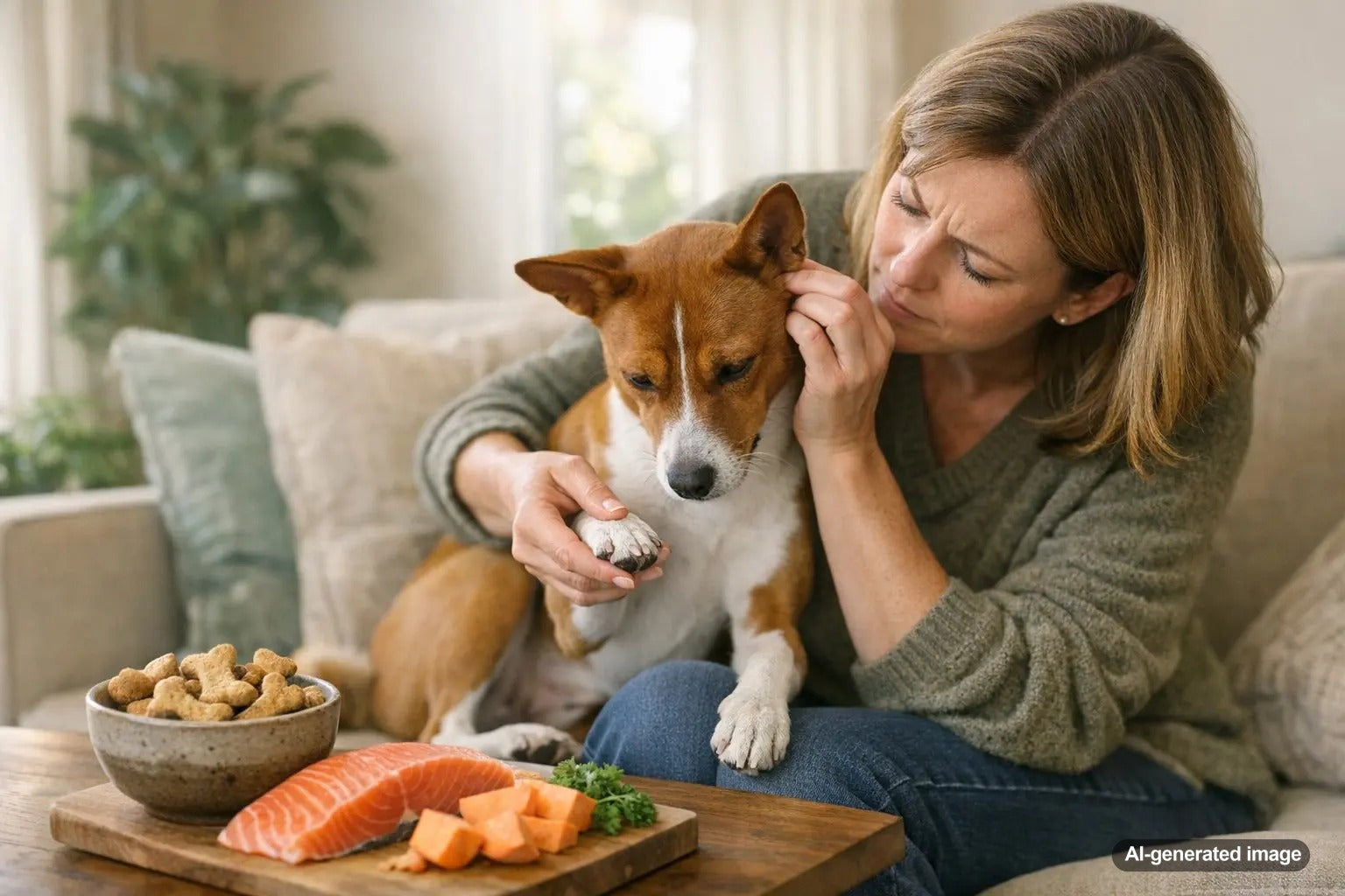 Dog owner checking for signs of food allergy like itching and tummy trouble