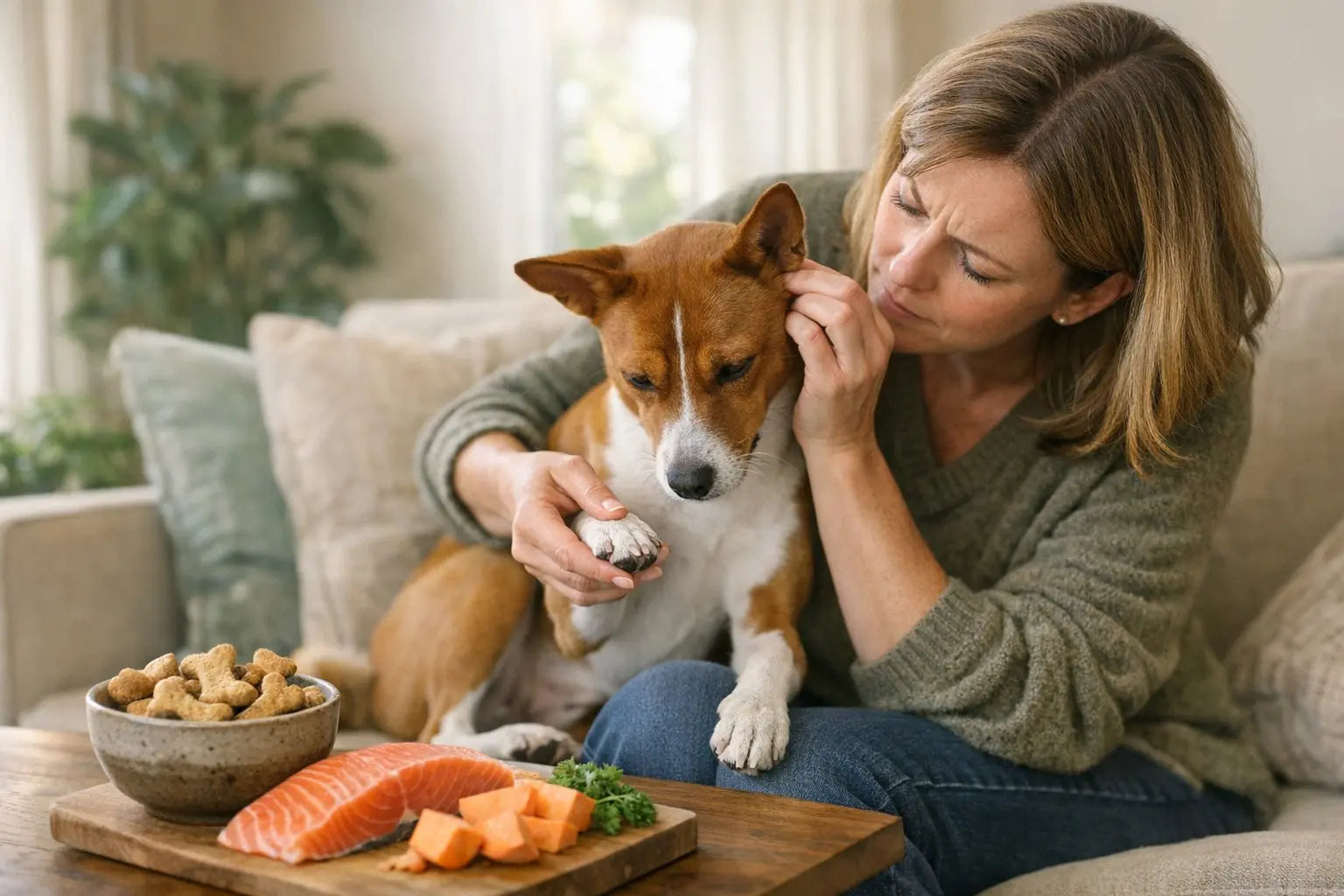 Dog owner checking for signs of food allergy like itching and tummy trouble
