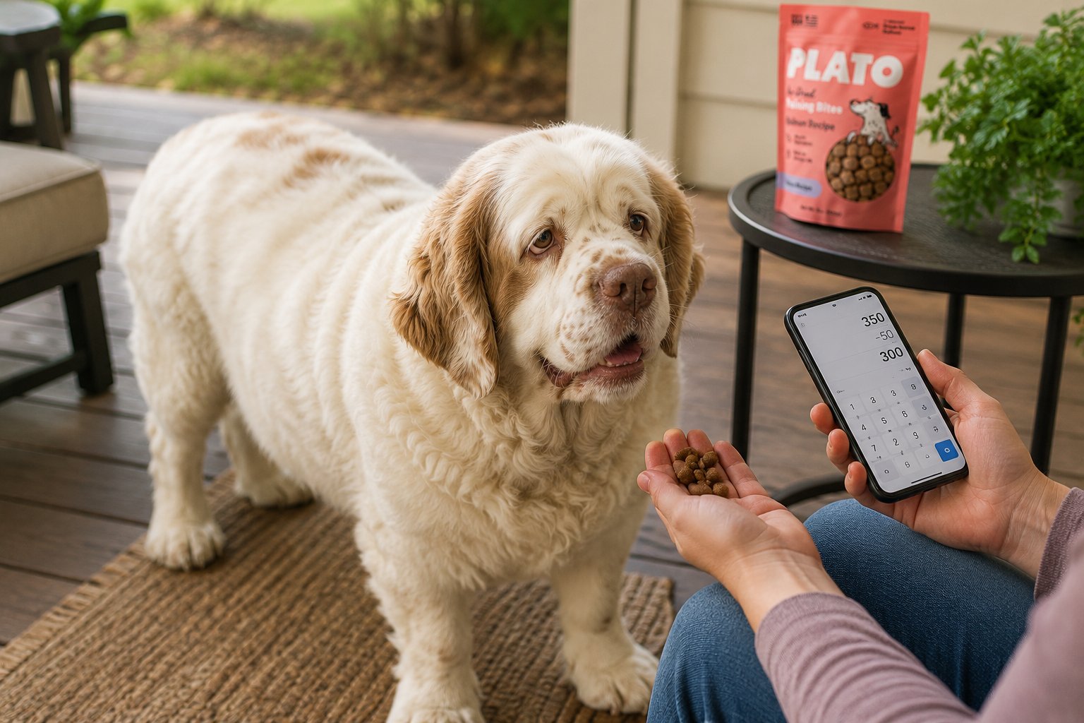 Dog owner calculating the maximum daily treat calorie allowance for an obese dog