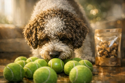 Dog sniffing tennis balls to detect scent