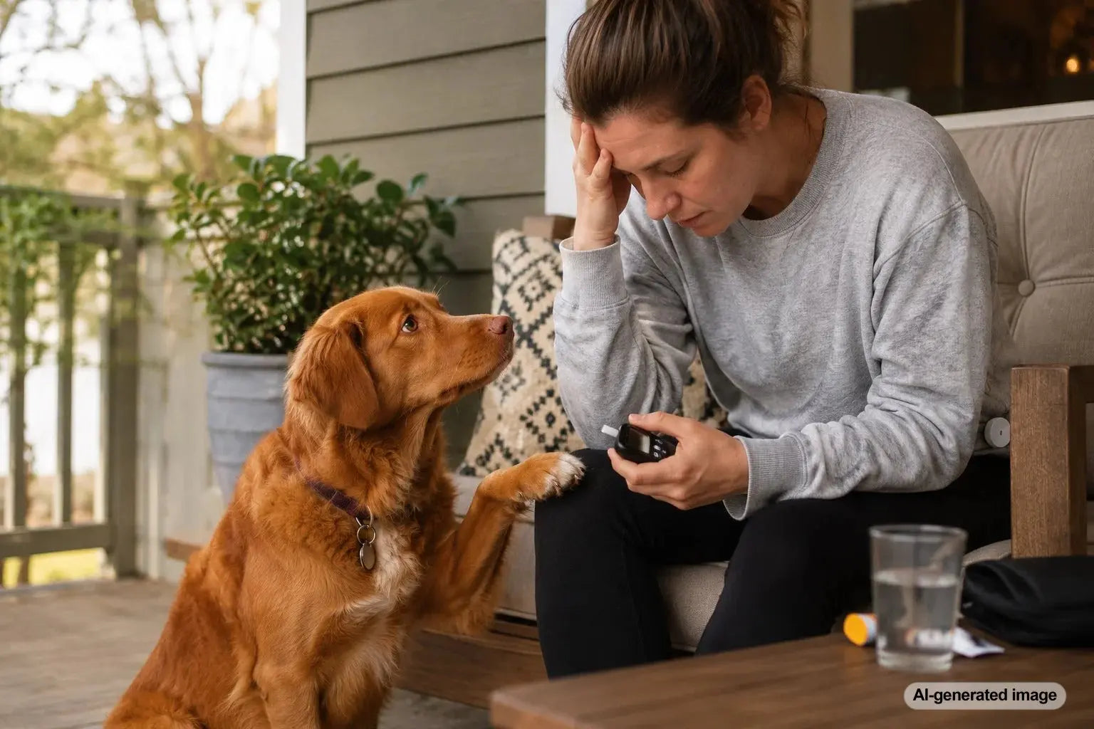 Dog sitting with owner while learning how dogs detect low blood sugar through scent training