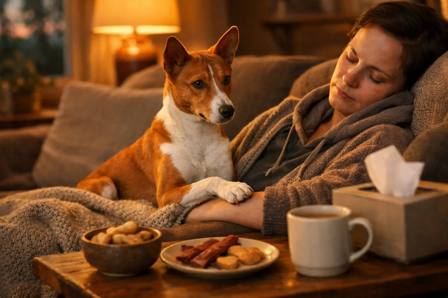Dog resting close to its owner while illustrating how dogs may detect seizures before they happen