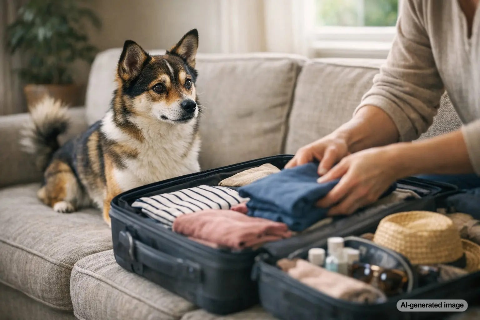 Dog watching owner pack suitcase for vacation at home