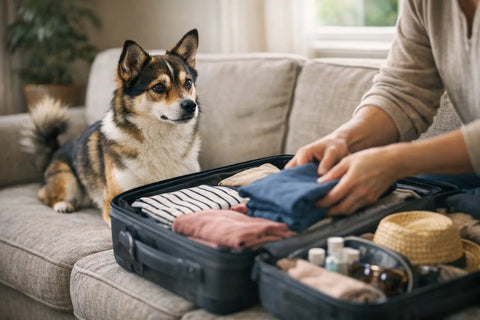 Dog watching owner pack suitcase for vacation at home