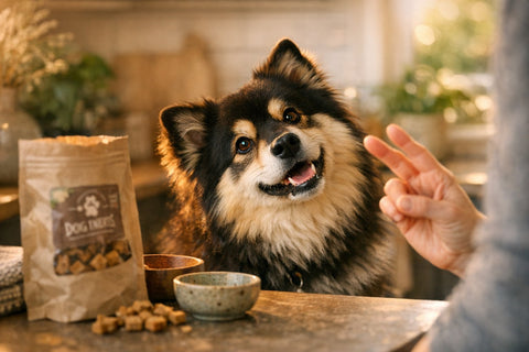 Dog reacting excitedly after recognizing the word walk spelled out