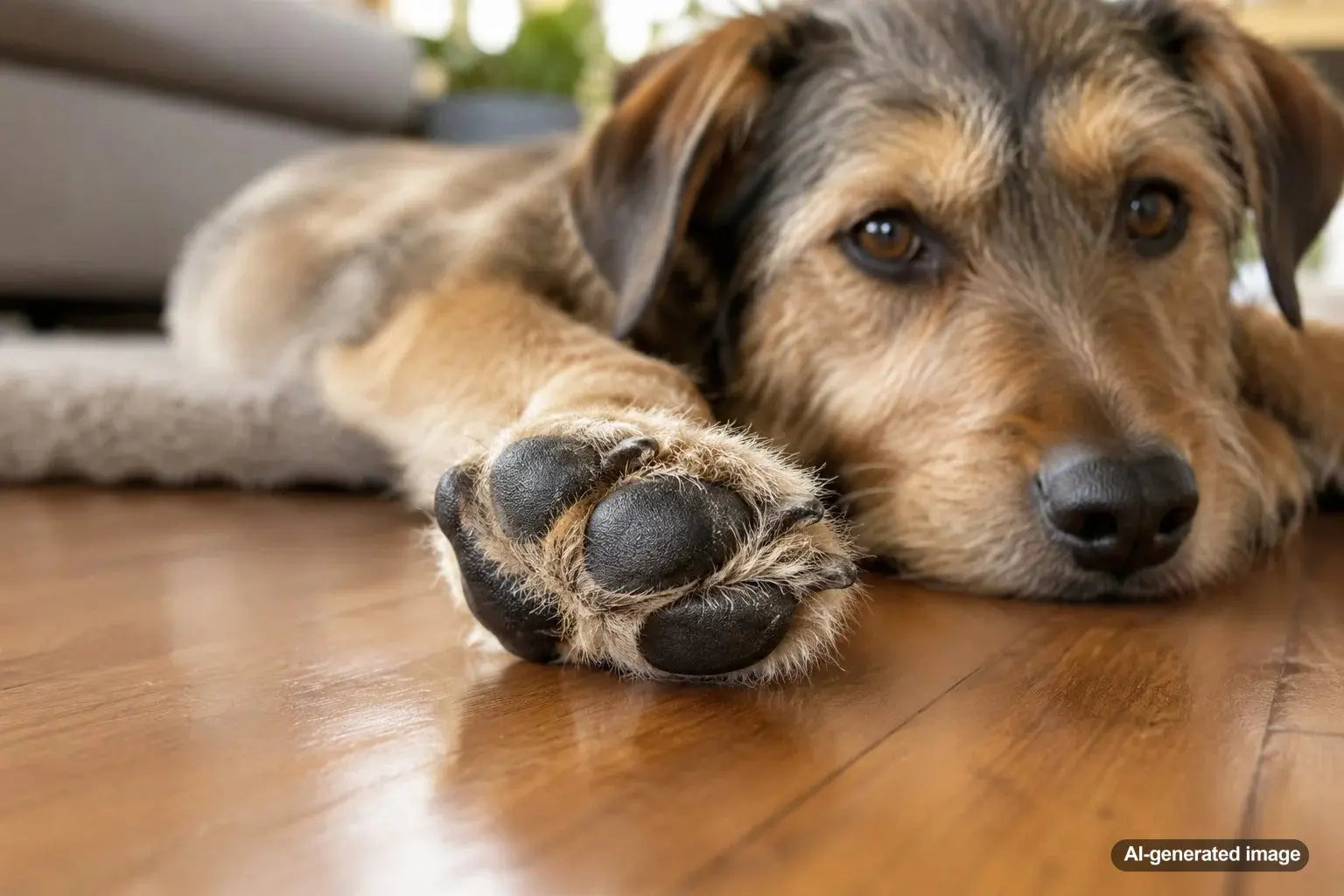 Dog standing on a floor with slightly damp paw prints showing how dogs sweat through their paws
