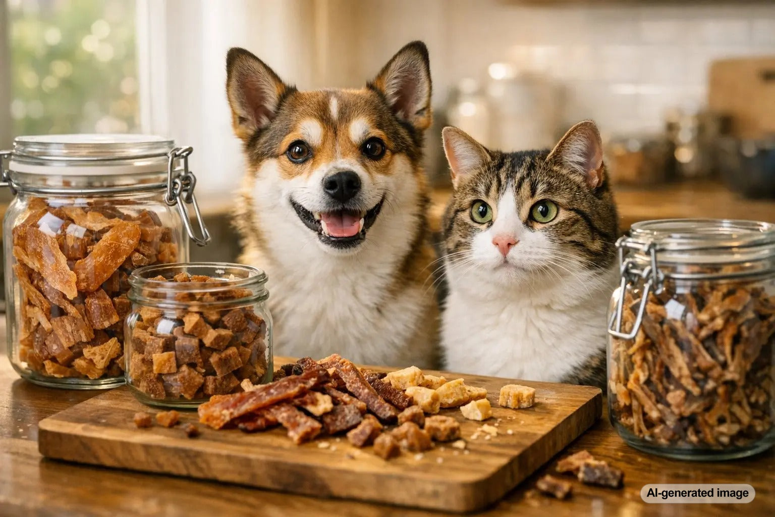 Air-dried dog treats on a wooden surface showing texture and freshness