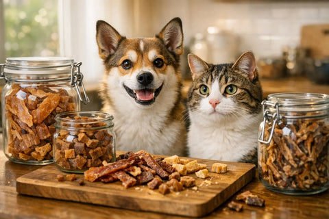 Air-dried dog treats on a wooden surface showing texture and freshness