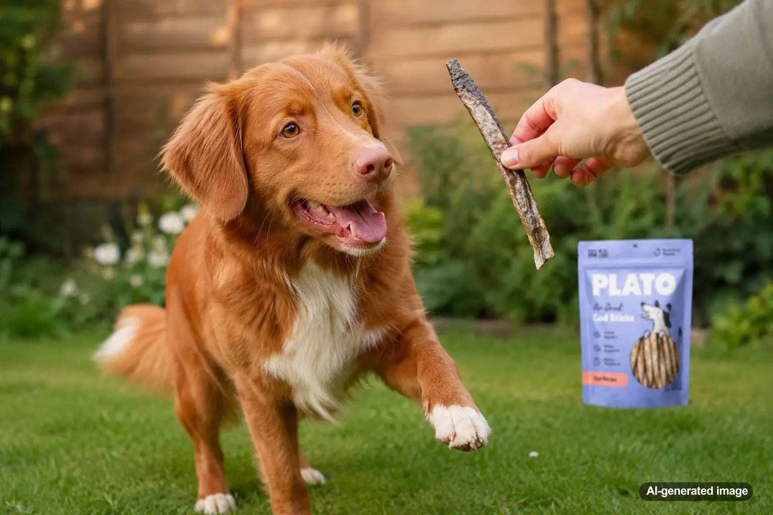 Dog enjoying air-dried cod skin treats from Plato Pet Treats