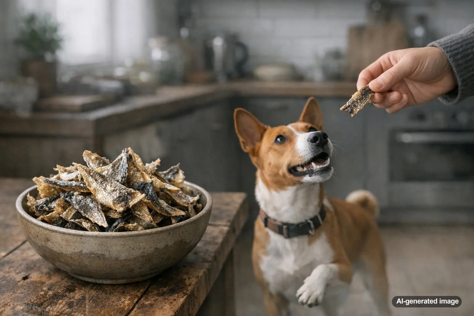 Dog enjoying fish skin treat with omega benefits
