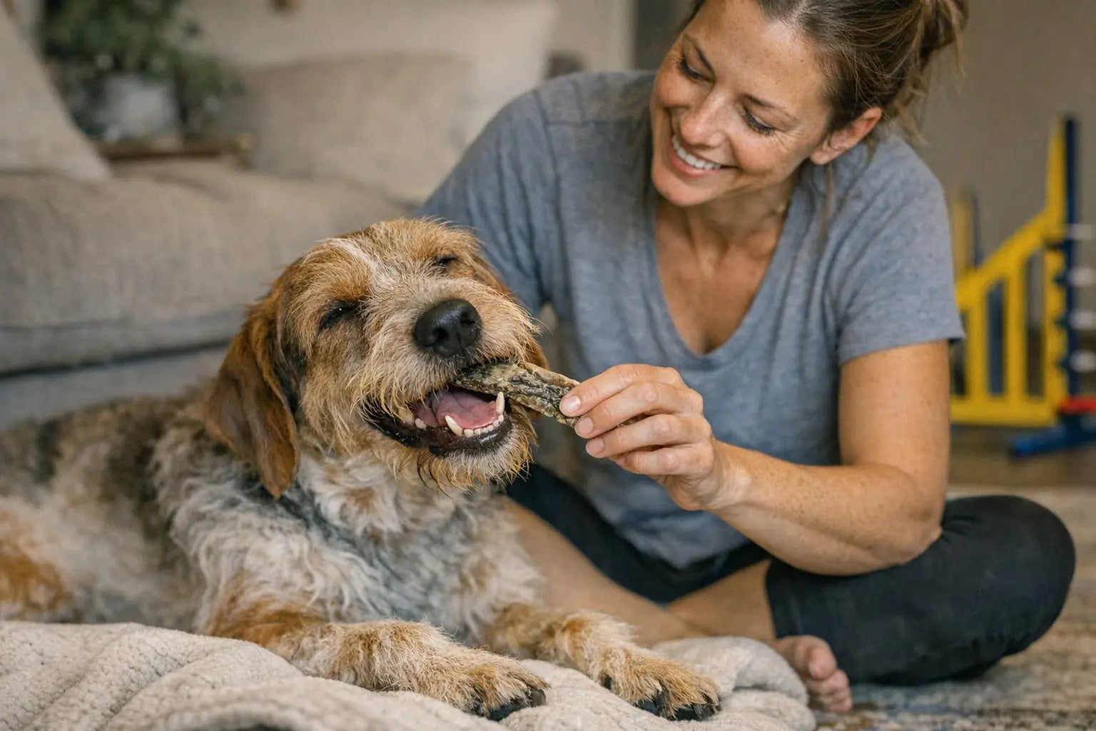 Dog enjoying a dried cod skin treat from Plato Pet Treats