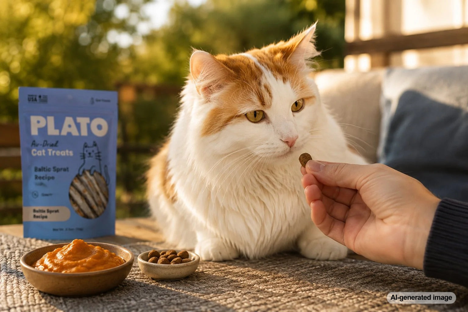 Cat near a treat bowl and litter box area for an article about fiber treats and constipation support