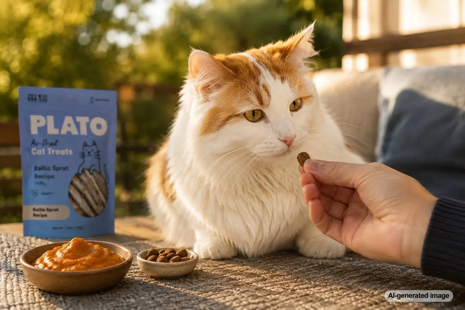 Cat near a treat bowl and litter box area for an article about fiber treats and constipation support
