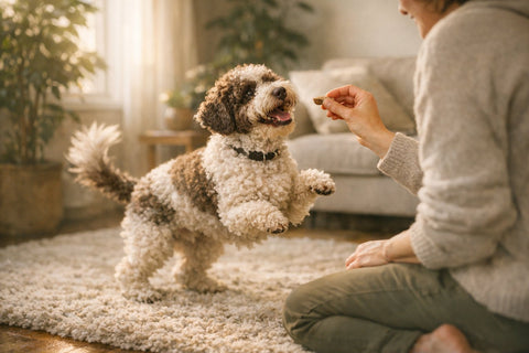 Dog being rewarded with a treat during positive training session