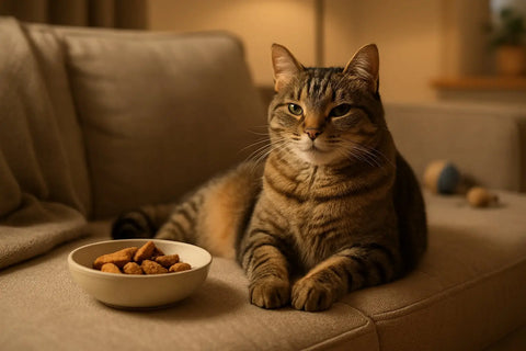 Healthy adult cat enjoying a treat while learning how often treats should be given