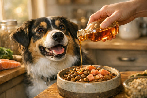 Dog enjoying a healthy meal topped with salmon oil for skin and coat support