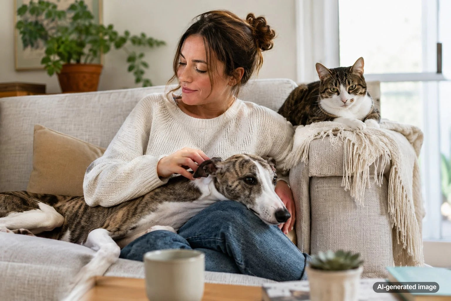 Dog and cat resting with their owner to show how pets help with mental health