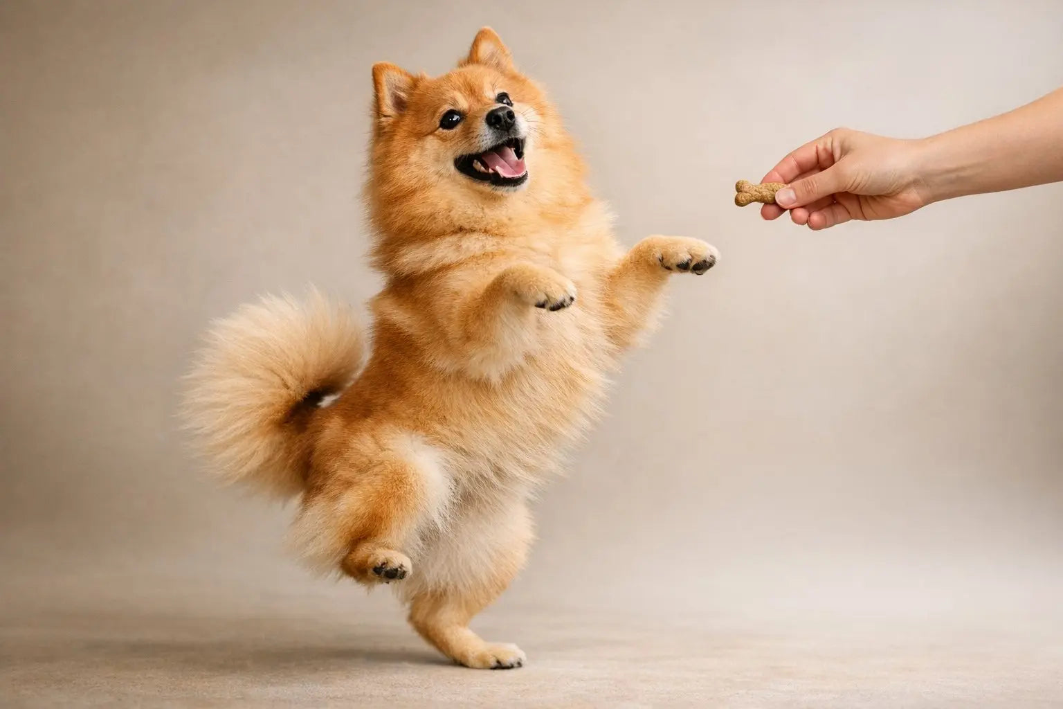 Happy dog dancing with excitement for Plato Pet Treats during reward time