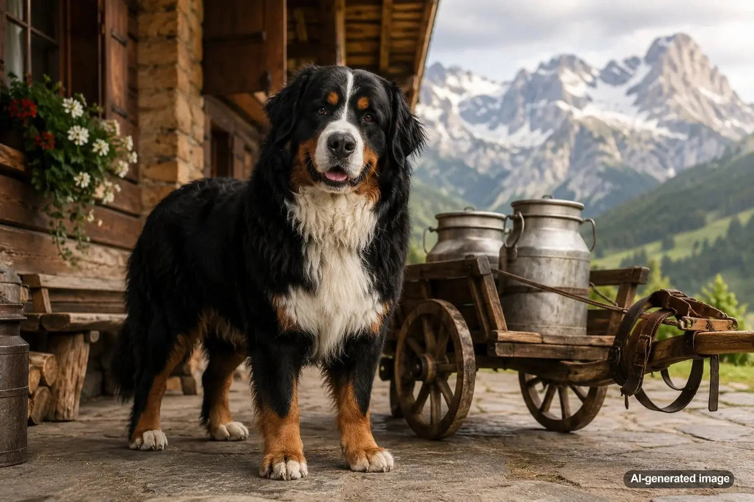 Bernese Mountain Dog pulling a traditional milk cart through the Swiss Alps