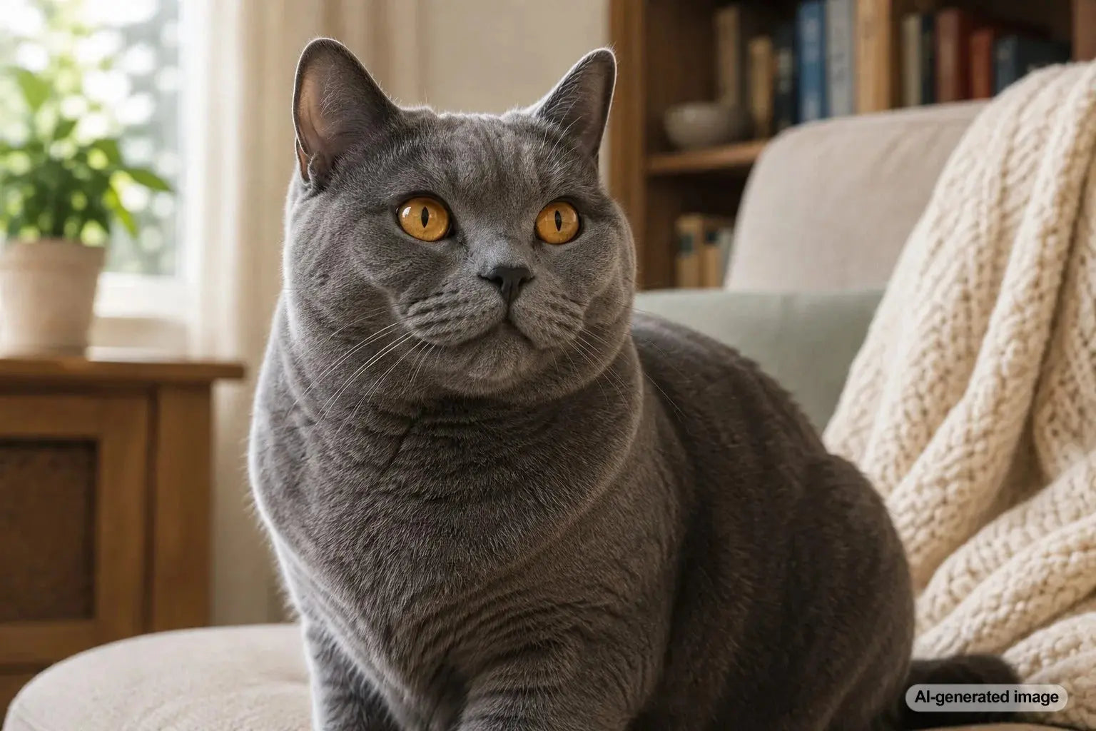 Blue-gray Chartreux cat showing its distinctive smile-shaped muzzle and expressive face
