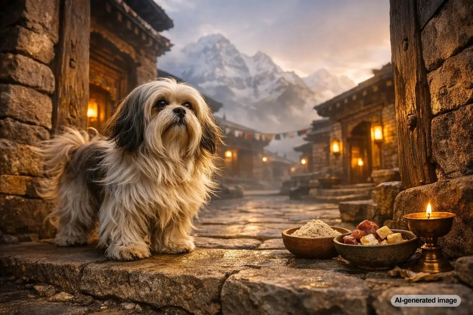 Lhasa Apso standing alert in a Tibetan monastery-inspired setting, representing the breed's historic role as an indoor watchdog