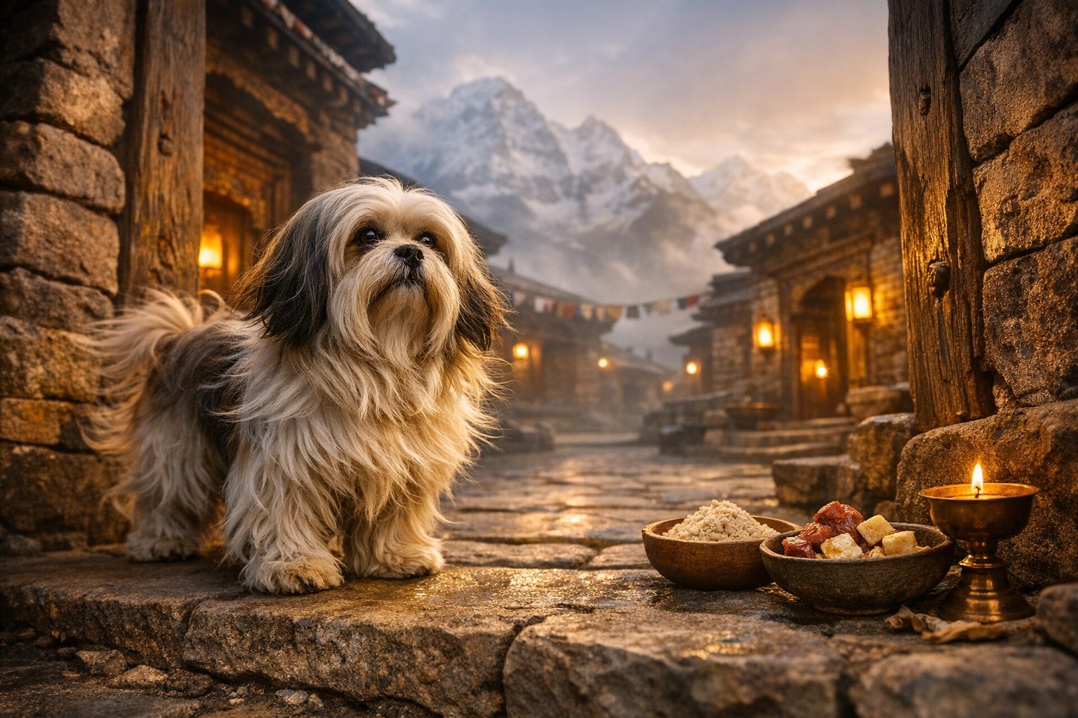 Lhasa Apso standing alert in a Tibetan monastery-inspired setting, representing the breed's historic role as an indoor watchdog