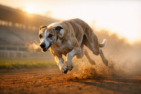 Whippet dog running at full speed, showcasing why the breed is known as the Poor Man's Racehorse