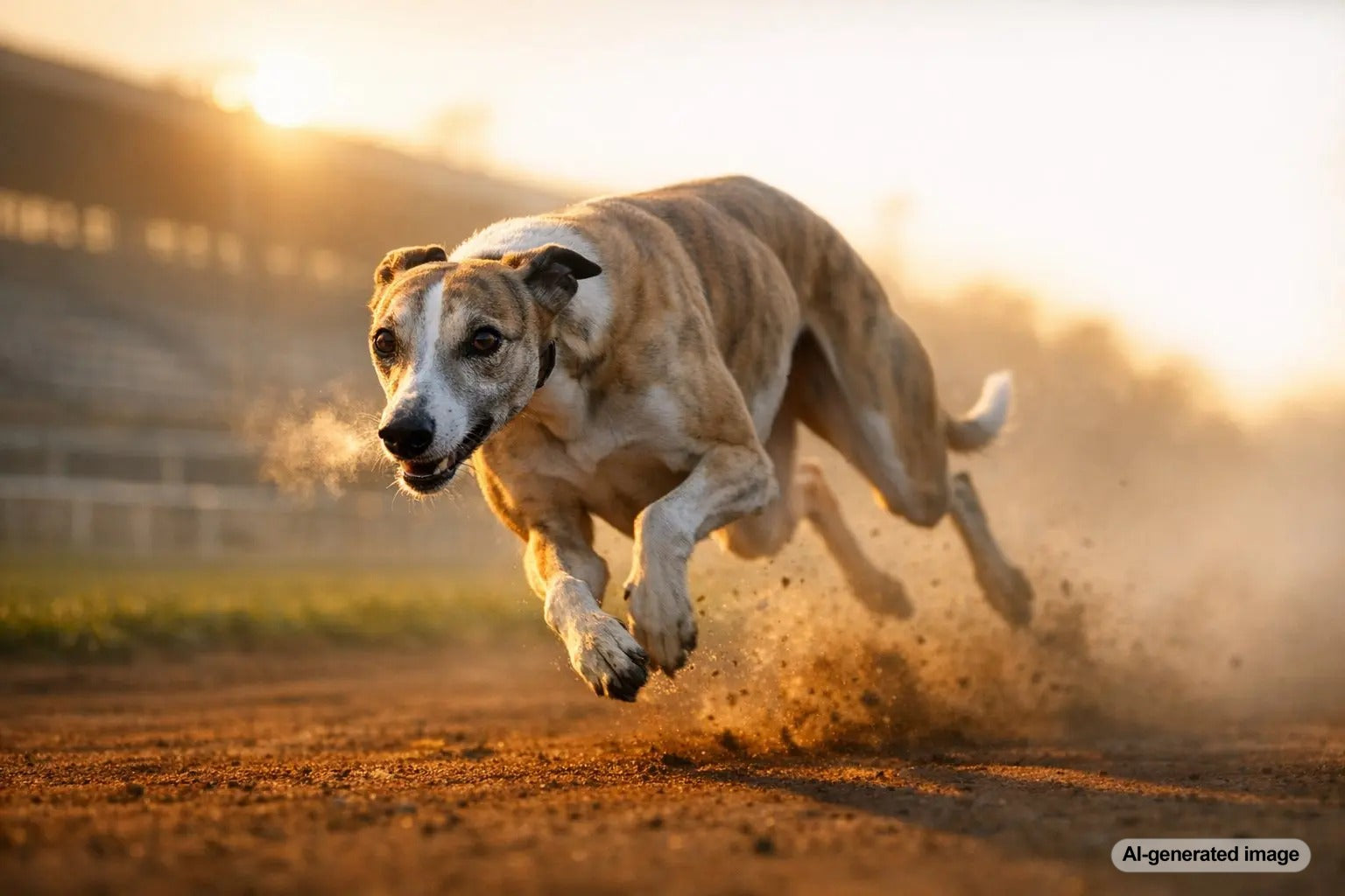 Whippet dog running at full speed, showcasing why the breed is known as the Poor Man's Racehorse
