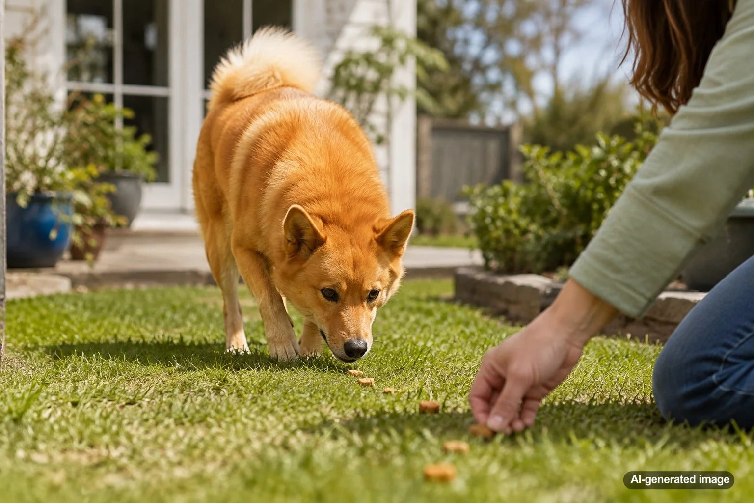 Dog following a homemade backyard scent trail during an outdoor nose-work enrichment game
