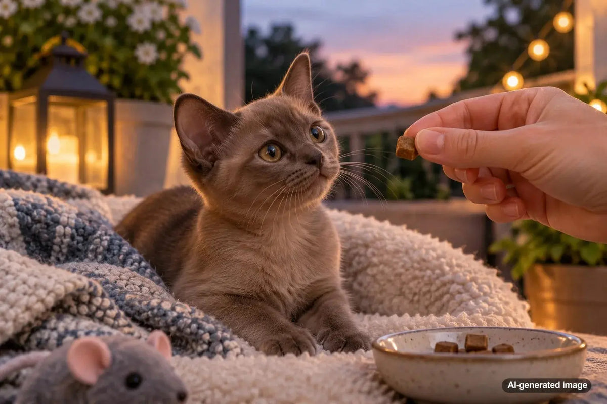 Kitten settling into a calm evening wind-down routine before bedtime