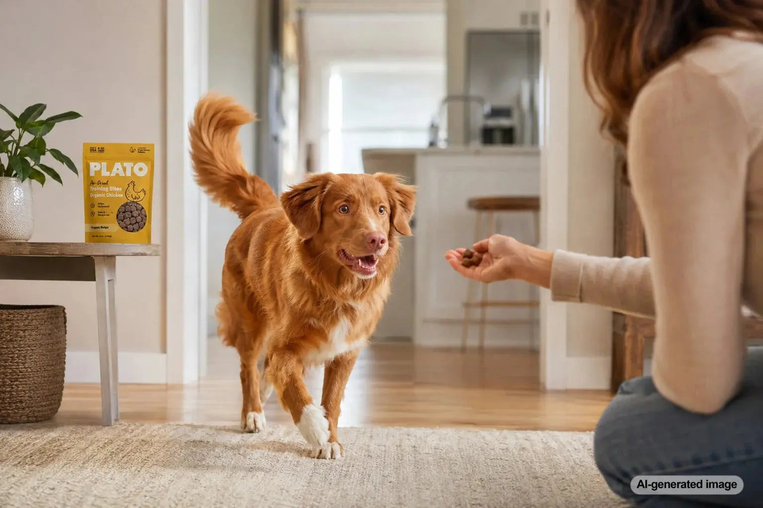 Dog running back to owner during recall training with high-value Plato dog treats