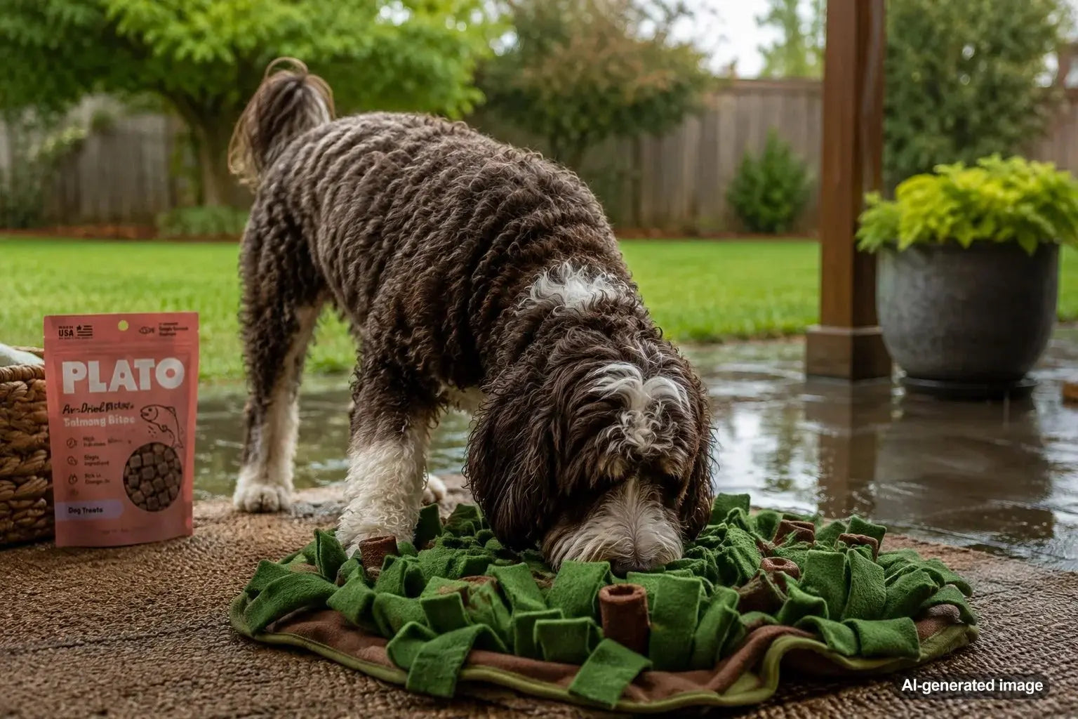 Dog enjoying indoor enrichment games and treats during a rainy weekend