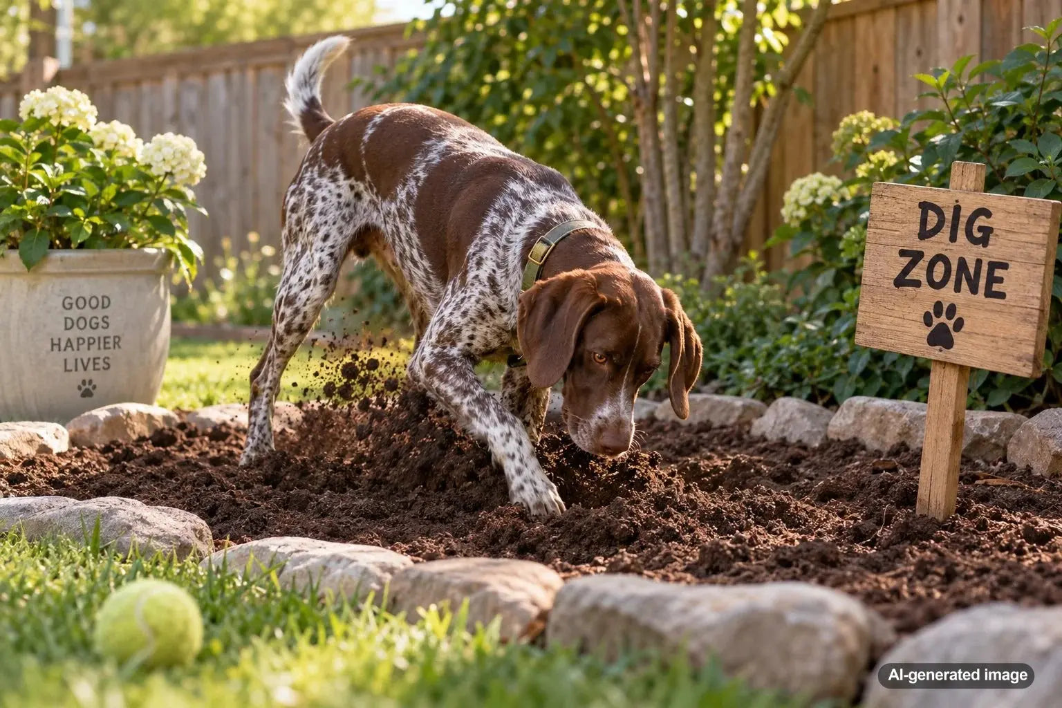Dog enjoying a simple backyard digging zone designed for safe outdoor enrichment