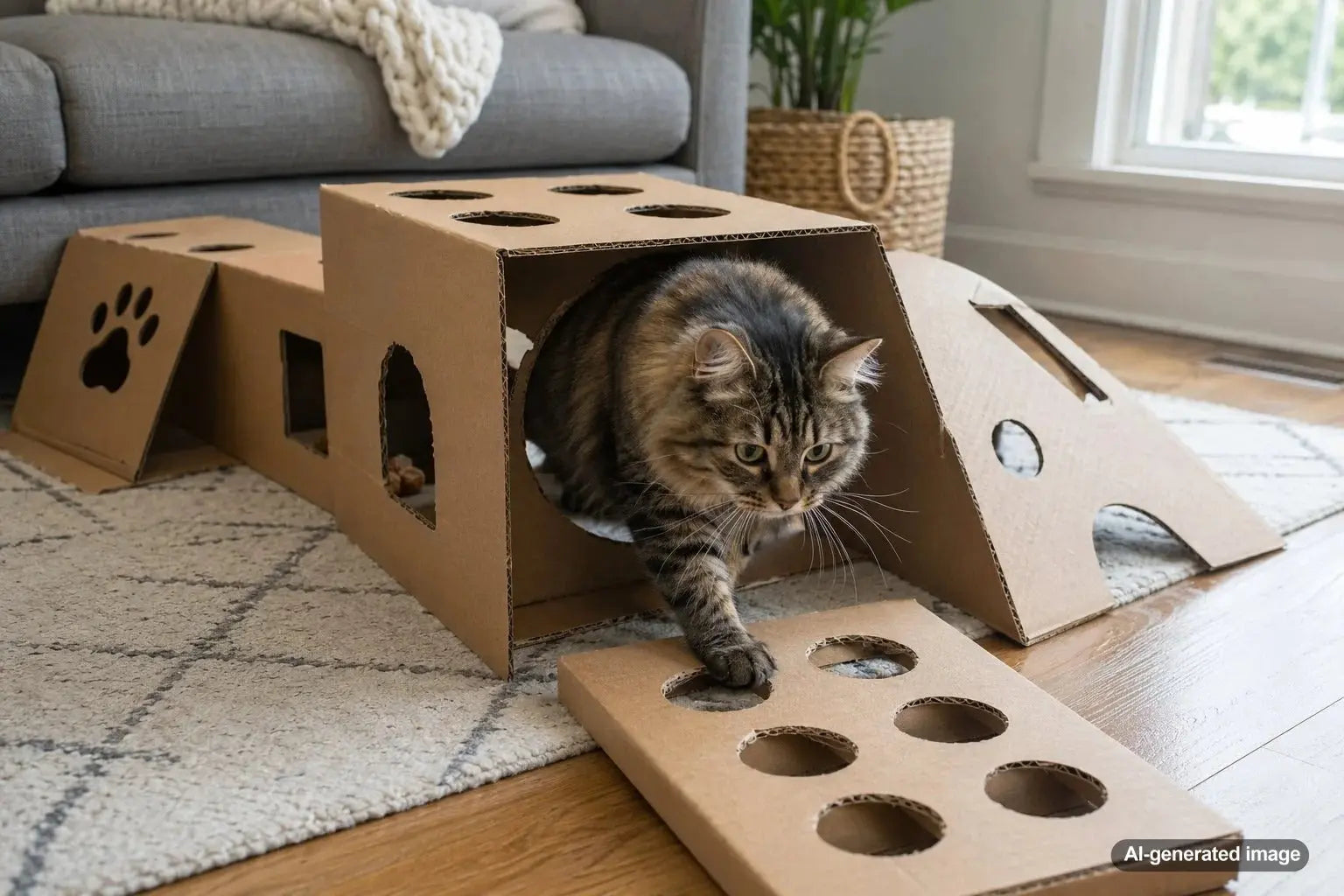 Cat exploring a simple homemade cardboard enrichment course with boxes, tunnels, and hidden treats