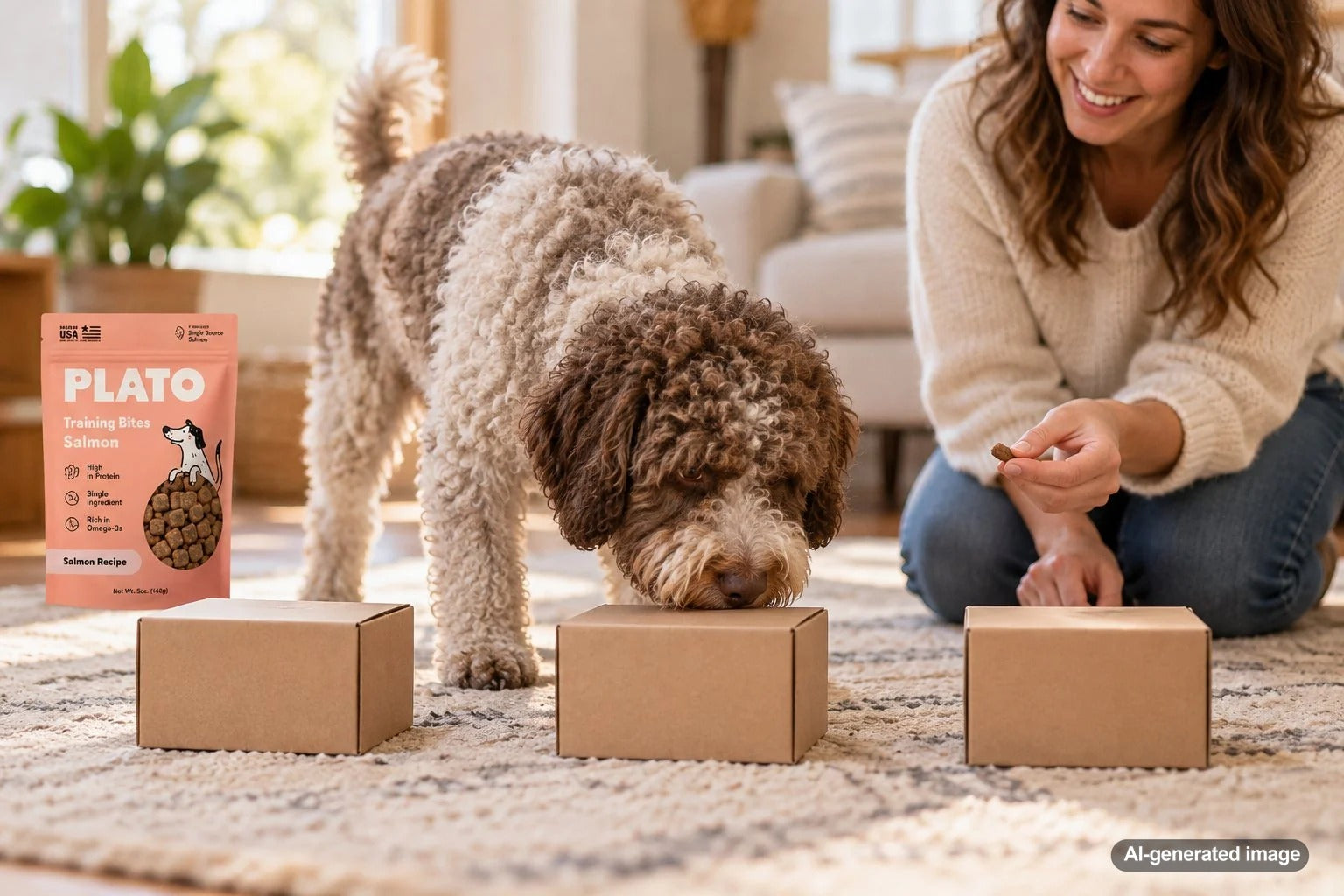 Dog playing a simple scent box game with cardboard boxes and hidden treats