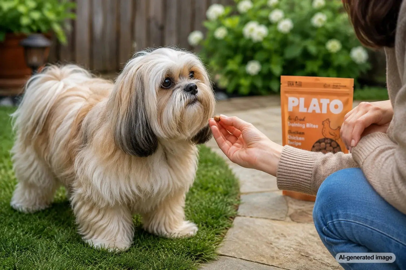Independent Lhasa Apso building trust with an owner through gentle treat-based training