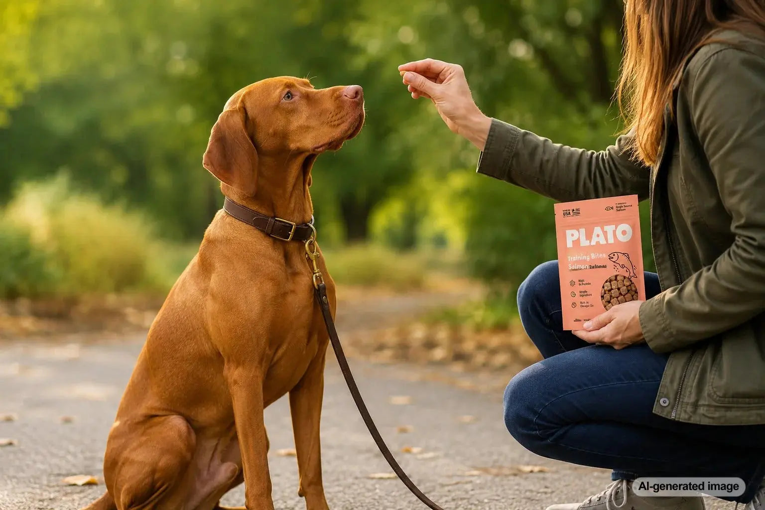 Vizsla practicing calm behavior during a structured reward-based treat training session