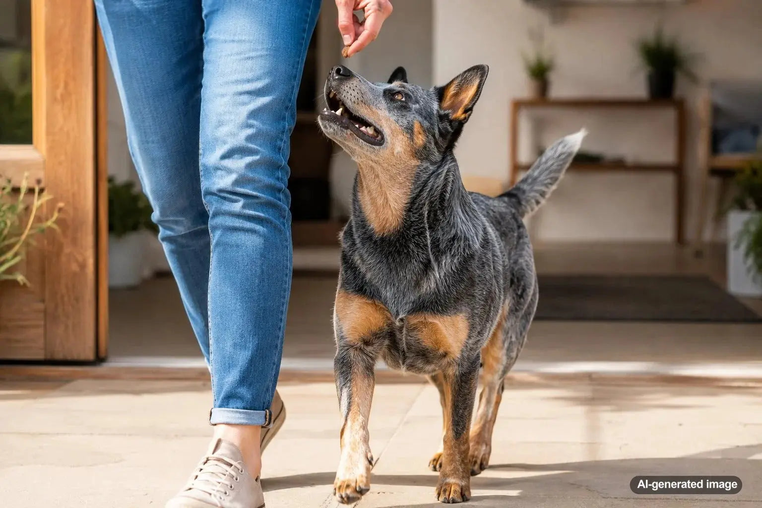 Australian Cattle Dog learning how to redirect heel-nipping energy during positive reinforcement training