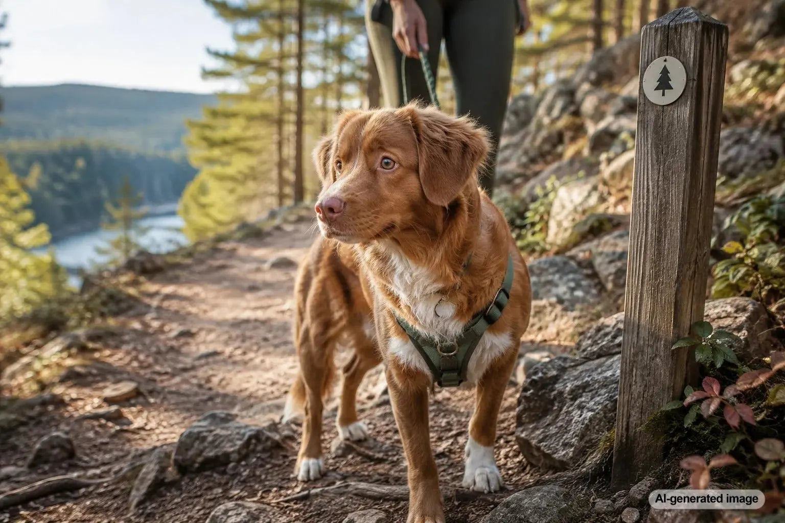 Dog hiking on a trail with its owner choosing a safe turnaround point