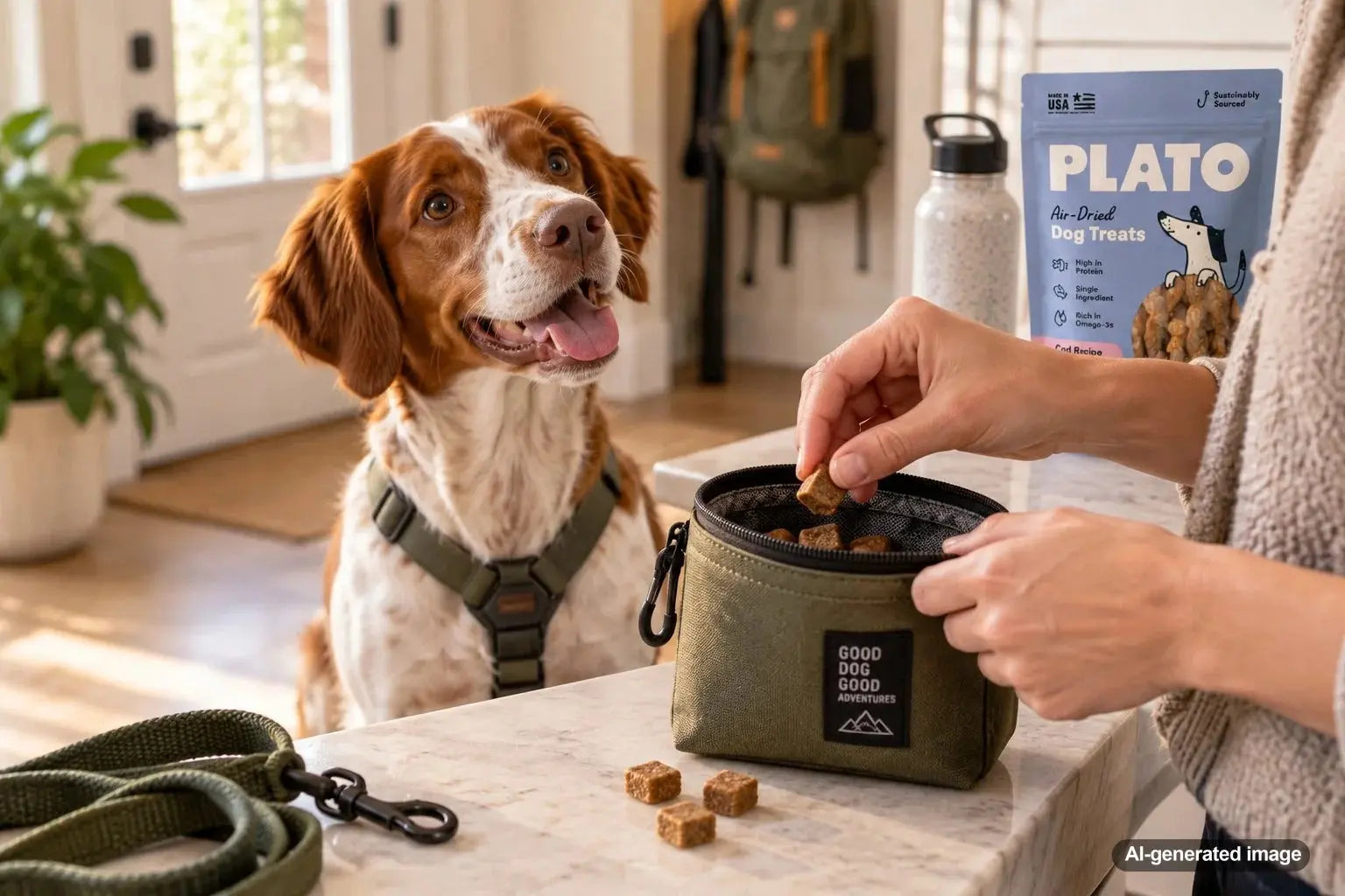 Travel treat bag for carrying dog snacks and keeping them fresh during outings