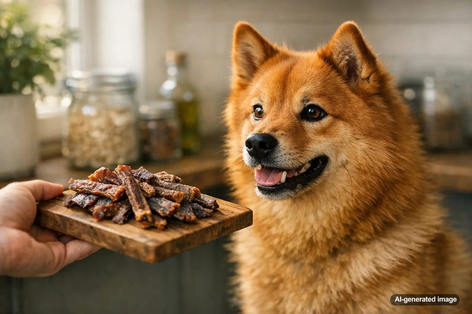Dog enjoying healthy air dried dog treats while owner selects the best option
