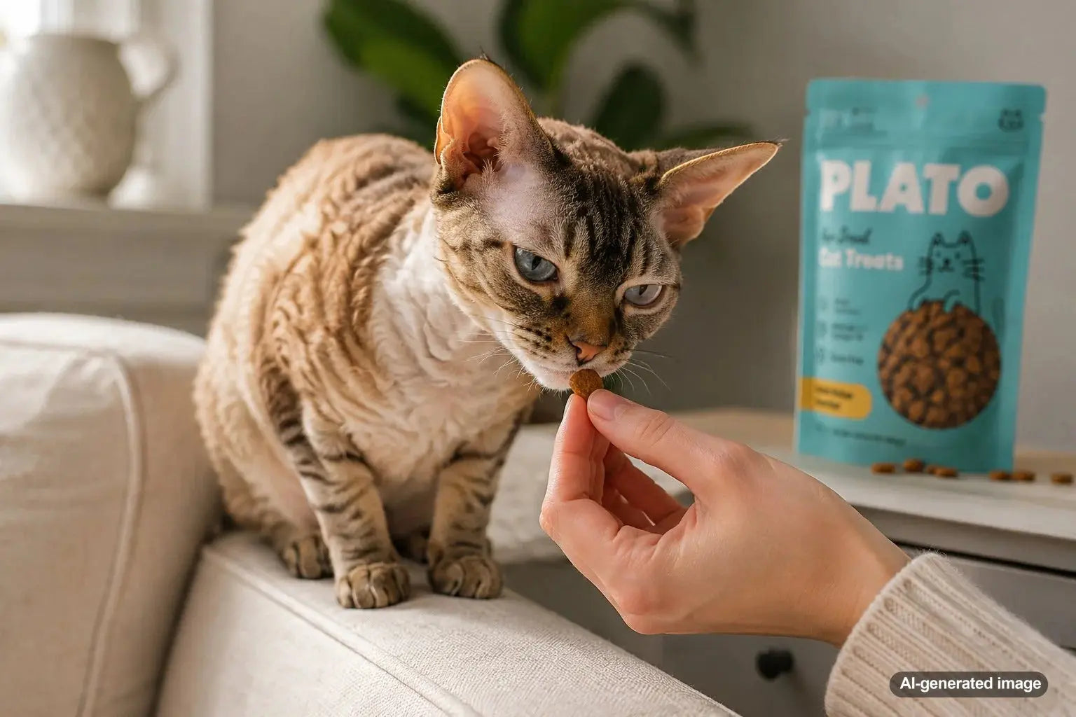 A fussy cat choosing healthy Plato Pet Treats cat treats