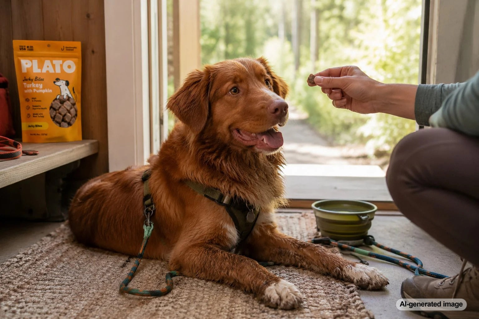 Dog enjoying a warm weather hike with healthy trail treats from Plato Pet Treats
