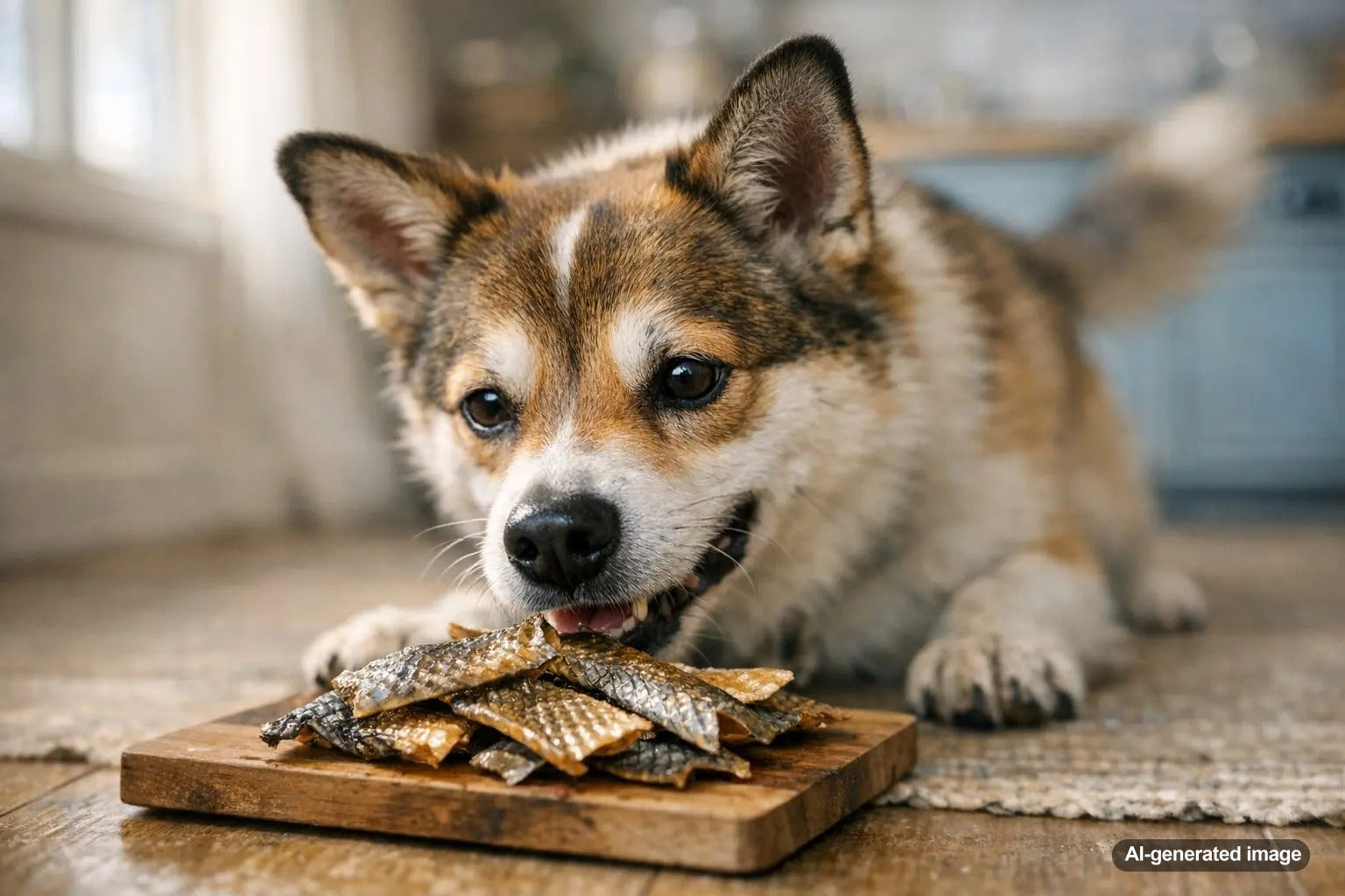 Dog enjoying a fish skin treat while learning how to choose fish skin treats for dogs
