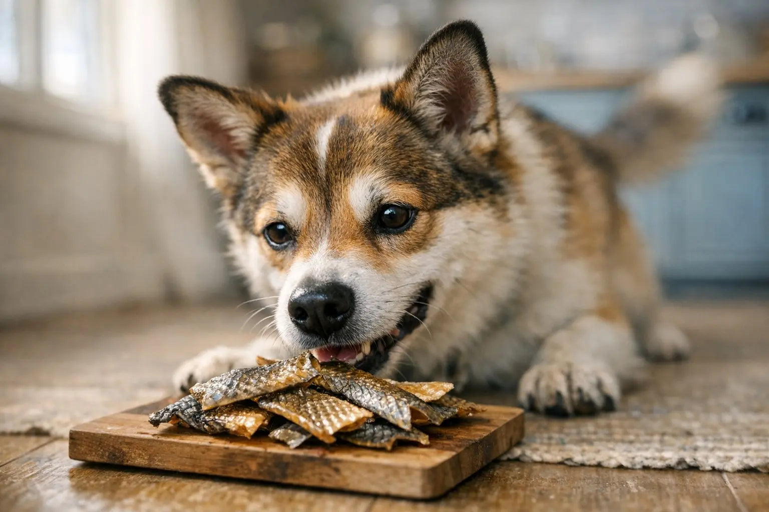 Dog enjoying a fish skin treat while learning how to choose fish skin treats for dogs