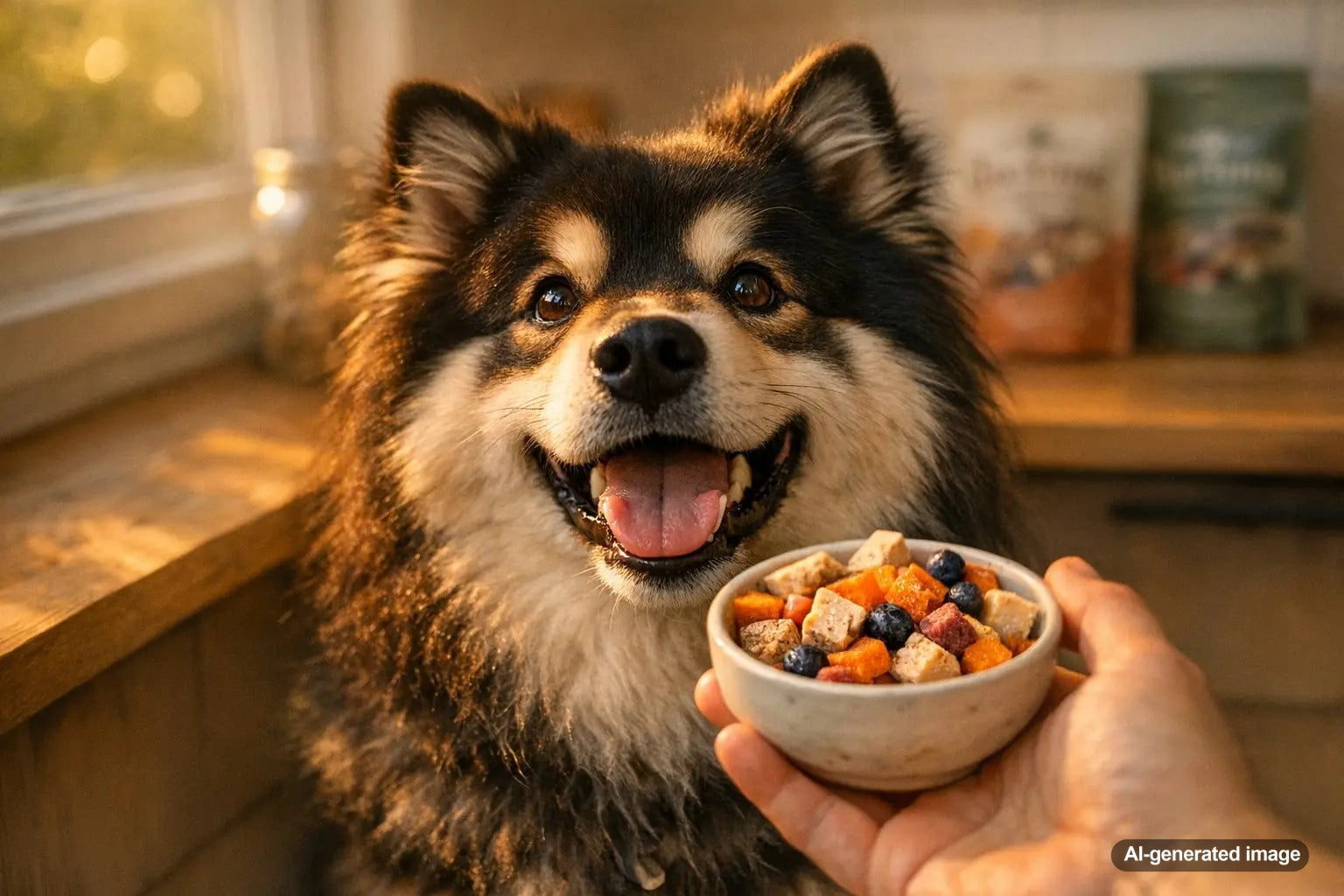 Dog enjoying healthy freeze dried style treats while owner chooses the best option