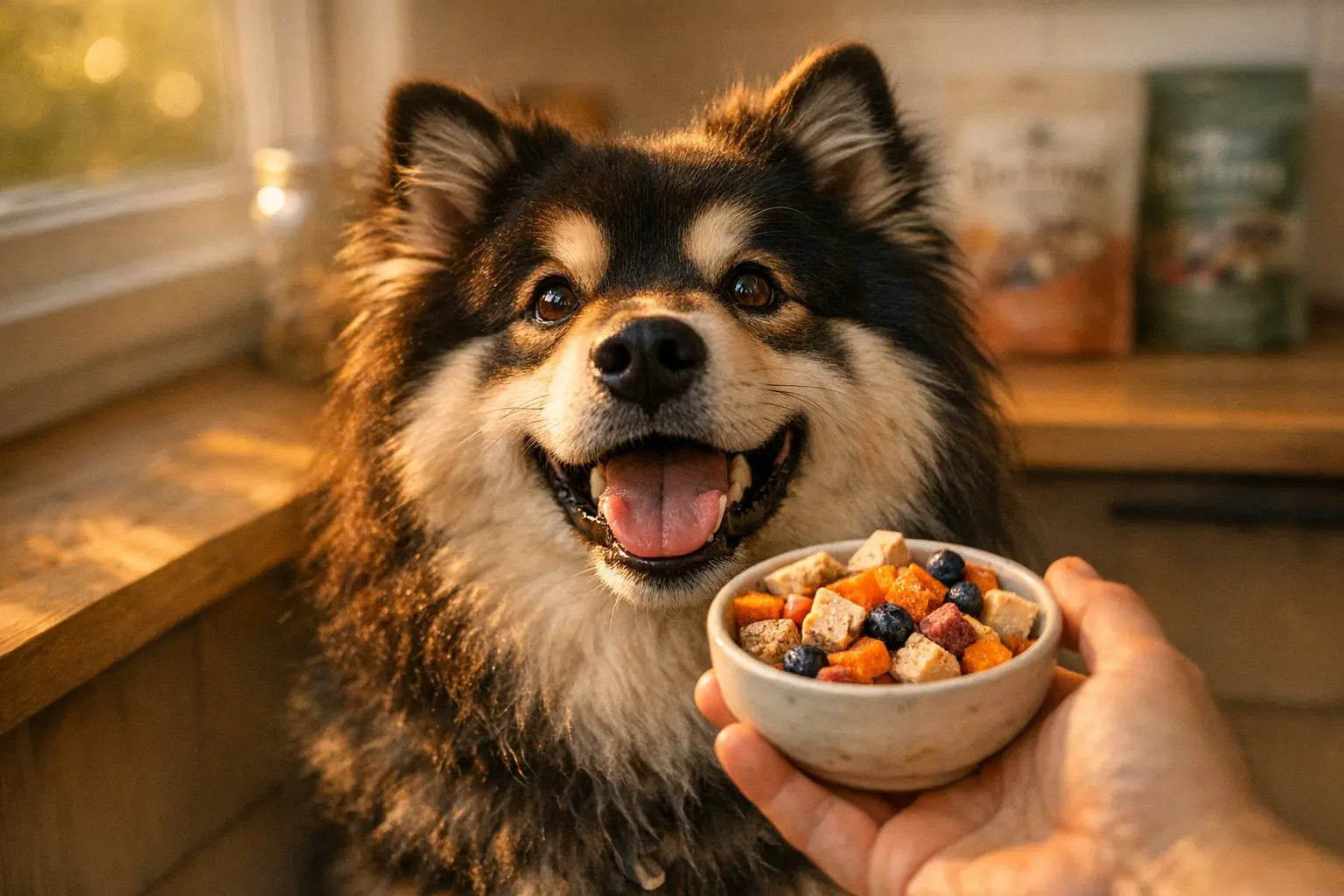 Dog enjoying healthy freeze dried style treats while owner chooses the best option